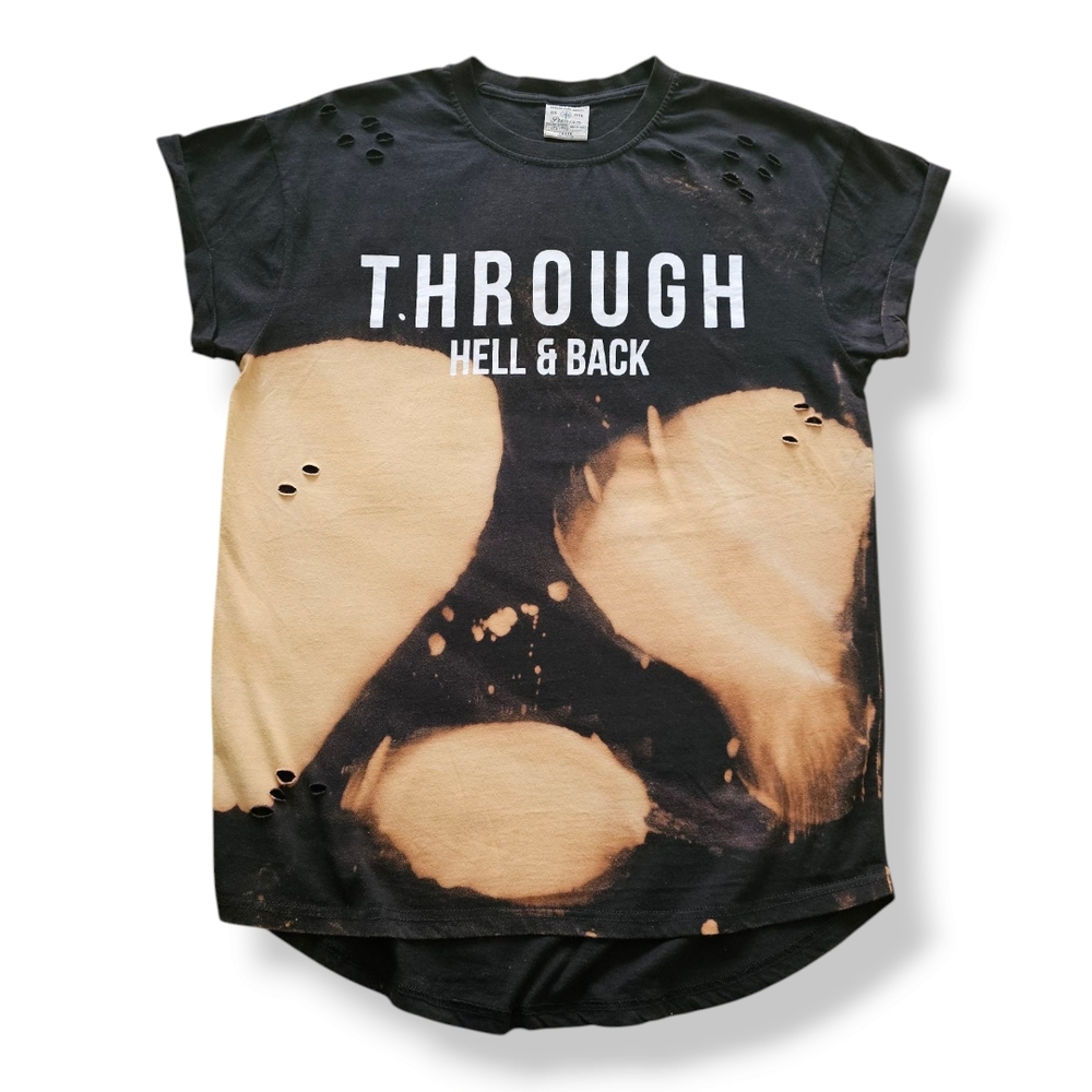 Black Bleached "Through Hell & Back" Distressed T-Shirt Size Large